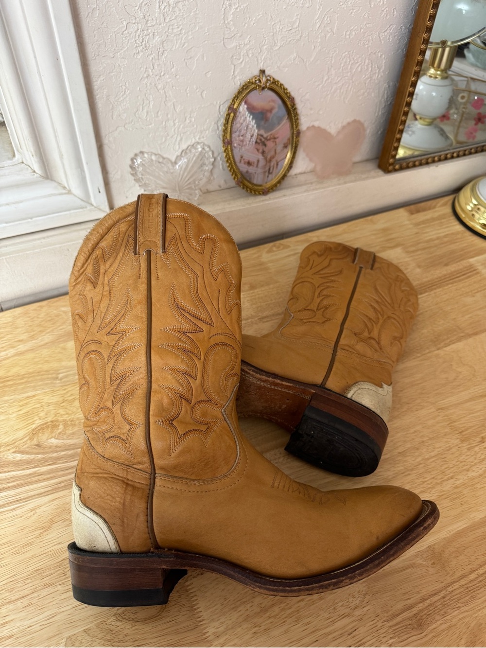 Boulet Tan Leather Western Cowboy Boots Men’s 7.5 Embroidered Ranch Riding